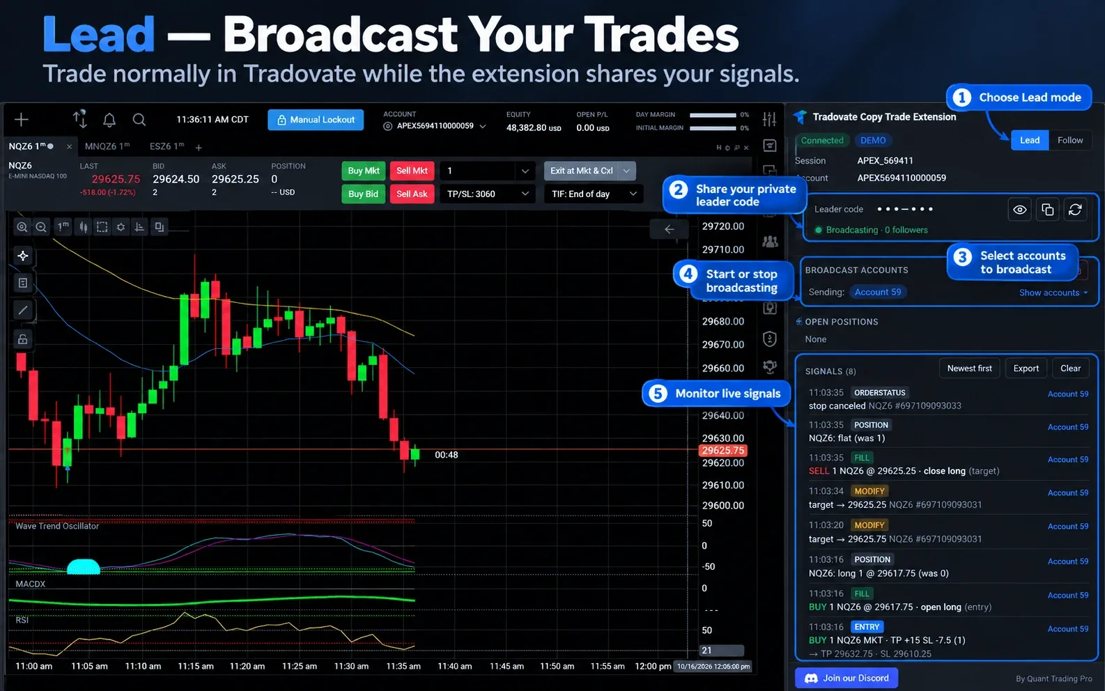 Tradovate trade copier lead mode: broadcast your trades with a private leader code and monitor live signals